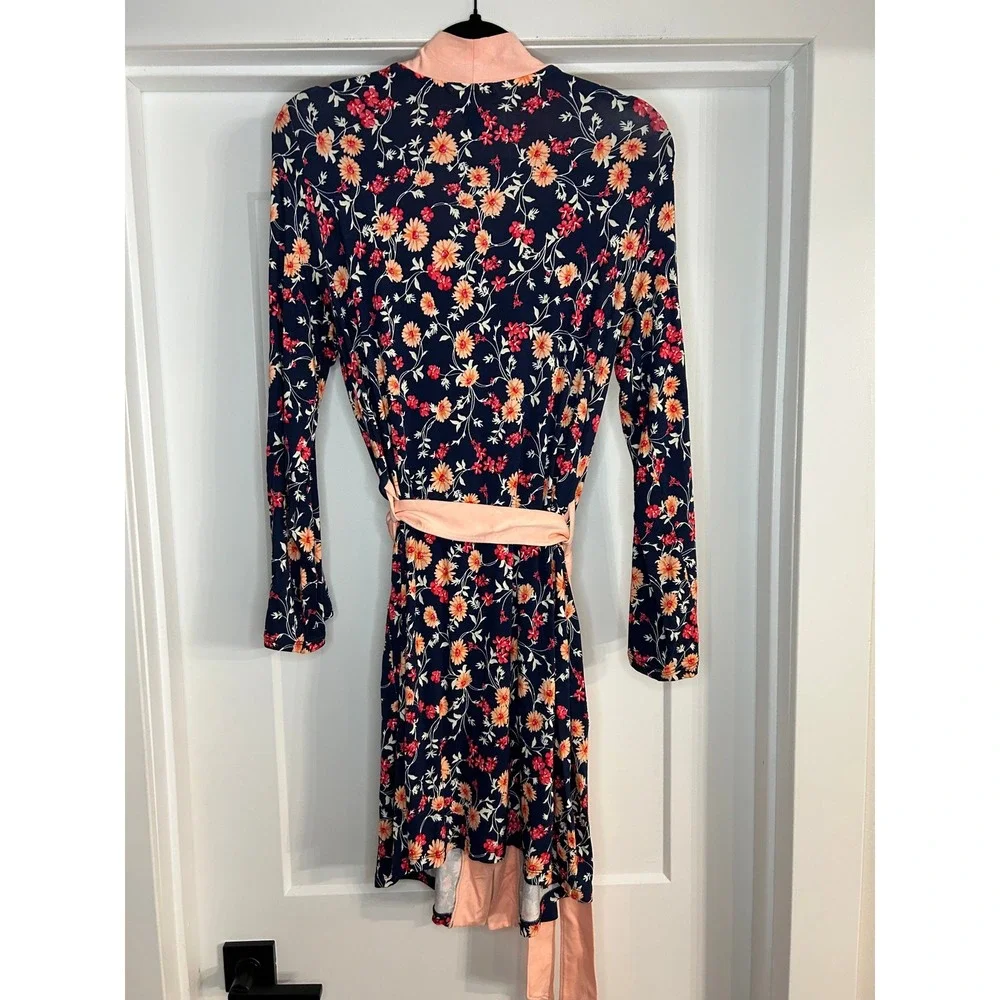 Lands End Womens XS Navy Peach Floral Long Sleeve Knit Robe Pockets Sleepwear